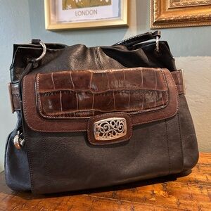 Brighton QPurse Black Leather W/ Brown Croc Embossed Trim Crossbody Strap